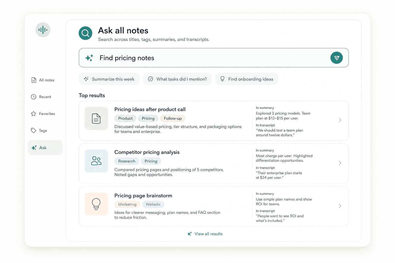 Scriptor all-notes search preview showing AI search across titles, tags, summaries, and transcripts.