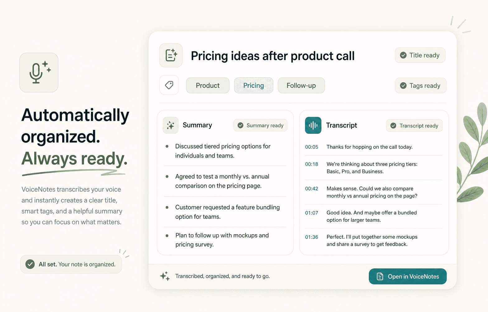 Scriptor automatic organization preview showing a generated note title, tags, summary, and transcript.