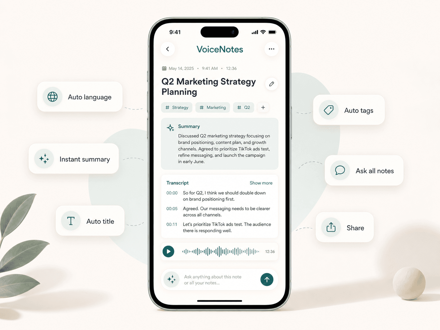 Scriptor iPhone app preview showing an organized AI voice note with a title, tags, summary, transcript, waveform, and chat input.